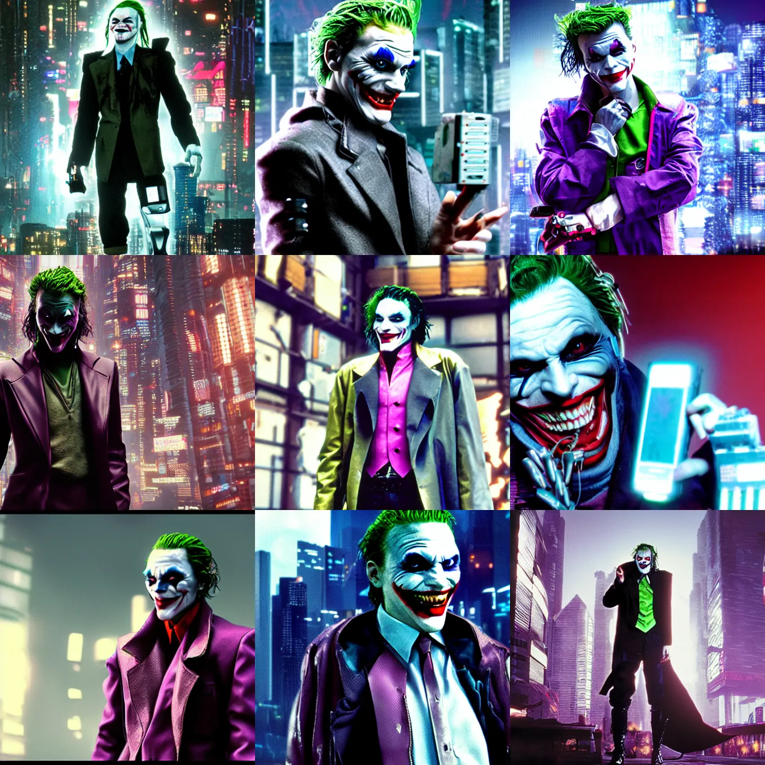 Prompt: Cyberpunk Joker full of cyberware, film still