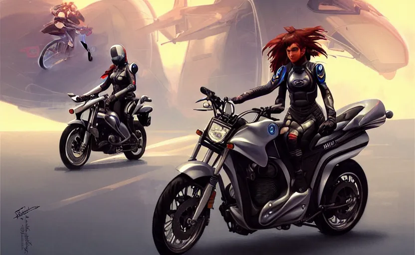 Image similar to Police female riding yamaha motorcycle, sci-fi, highly detailed, digital painting, artstation, concept art, smooth, sharp focus, illustration, art by artgerm and greg rutkowski and alphonse mucha
