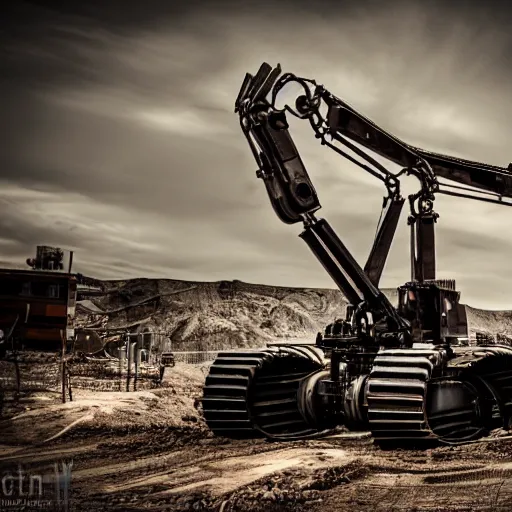 Image similar to giant scary treaded mining automated machine robot with drill, mining scrap metal, highly detailed body, retro, industrial, dark, dystopian, apocalyptic, clean, 8 5 mm f / 1. 4