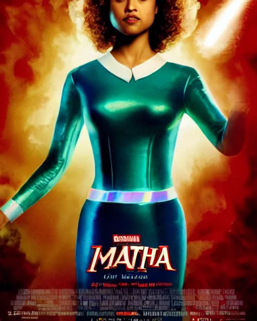 Image similar to drew struzan style movie poster of gugu mbatha - raw dressed as sue storm, the invisible woman from the fantastic four, with her hands held up, she is generating an iridescent bubble of particles around her body in the form of a shimmering bubble force field, soft focus, bokeh, 5 0 mm