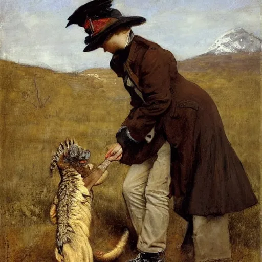 Image similar to female park ranger petting a veloceraptor by alfred stevens