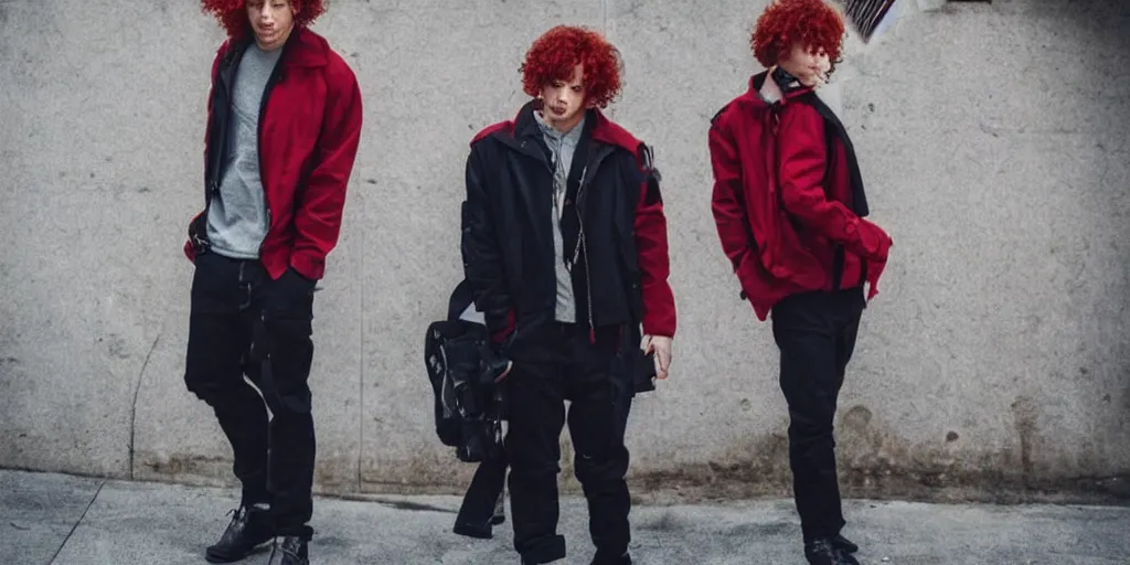 Image similar to man, man, man, man, red hair, black jacket, curly hair, fullbody, Caucasian, short hair,