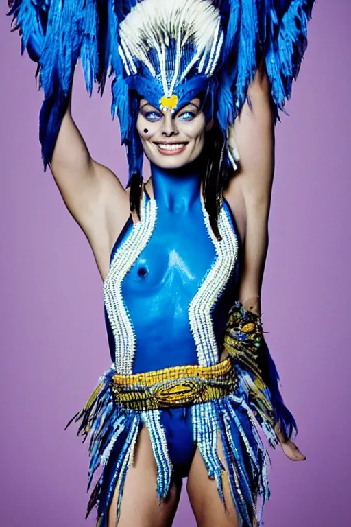 Image similar to margot robbie as a blue - skinned navi from the movie avatar wearing an elaborate beaded outfit, cosplay, photo by bruce weber