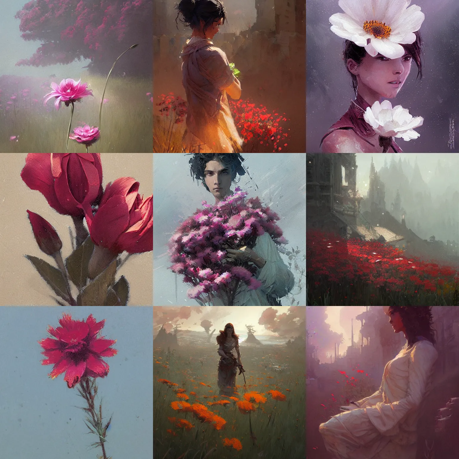 Prompt: flower by greg rutkowski and james gurney.