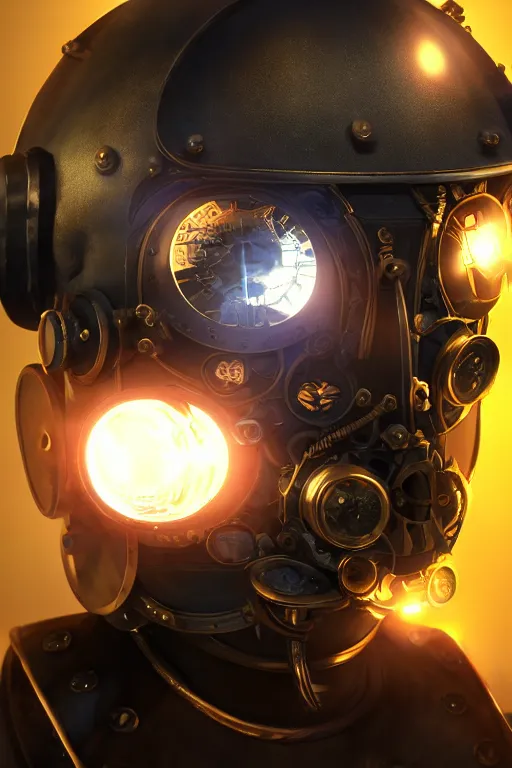 Image similar to steampunk mask minimalist fantasy art robot ninja helmet, global illumination ray tracing hdr fanart arstation by sung choi and eric pfeiffer and gabriel garza and casper konefal radiating a glowing aura