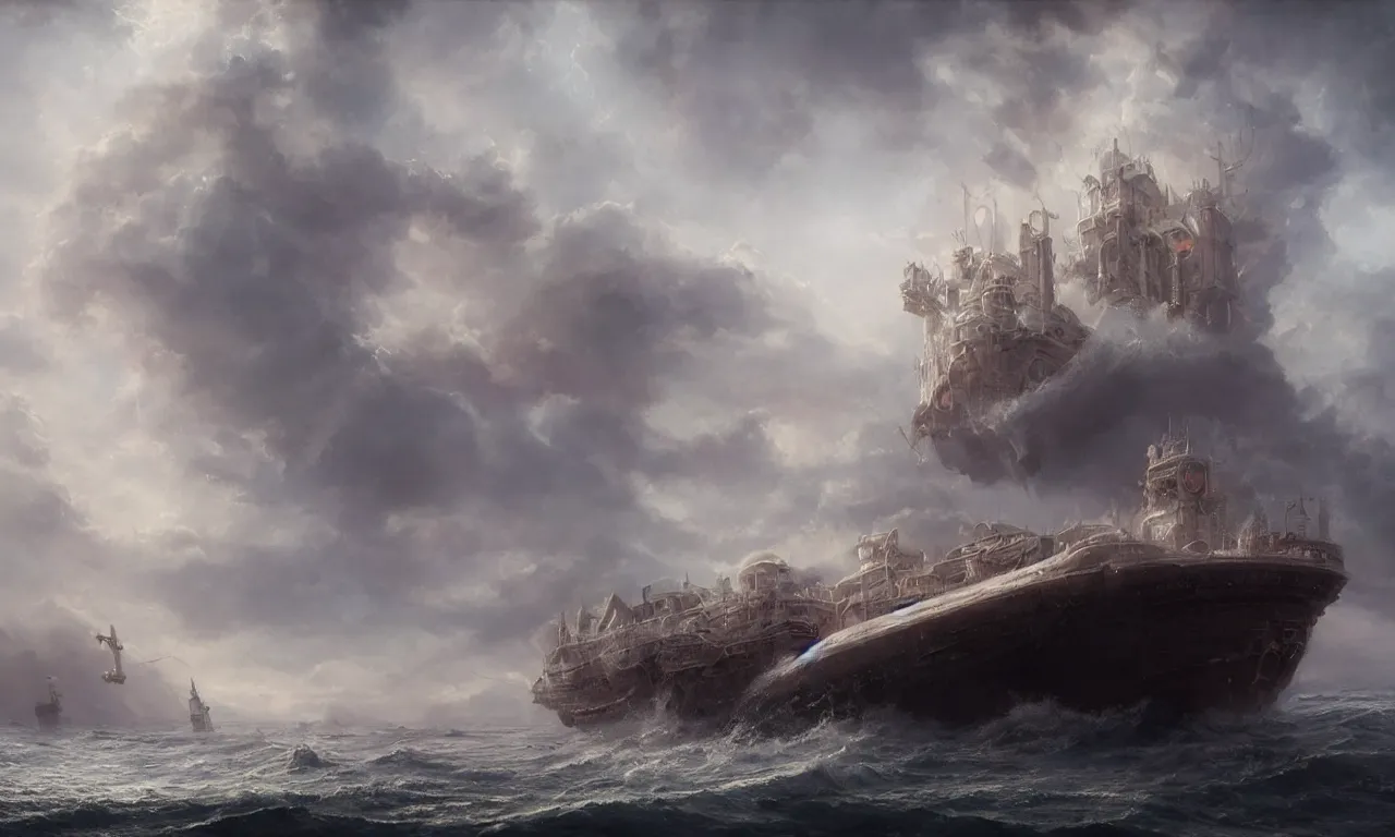 Image similar to breathtaking detailed soft painting of an empty drunk ship with mystical horrors, bathing in dreaming lactescent sea, alcohol with blue delirium skies, water drowned hurrican, elegant, highly detailed, artstation, concept art, matte, sharp focus, art by tom bagshaw, and greg rutkowski