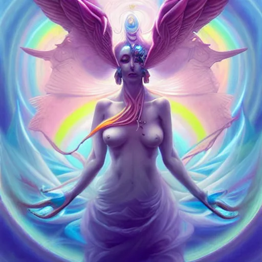 Prompt: psychedelic angelic celestial being artwork of peter mohrbacher, ayahuasca, energy body, sacred geometry, esoteric art, rainbow colors, realist, abstract and surreal art styles with anime and cartoon influences divinity