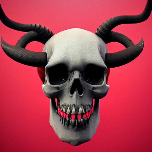 Image similar to hyper realistic skull with bull horns coming out of eye sockets, red, artstation, 8 k render, octane, fueled by caffeine : : tim burton