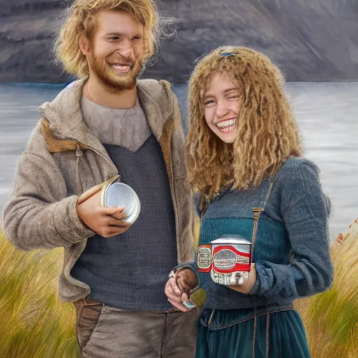 Prompt: a highly detailed portrait of a young couple from the side, holding a tin can, renote icelandic village, summer, blonde hair, muted colors, joy, trending on artstation,