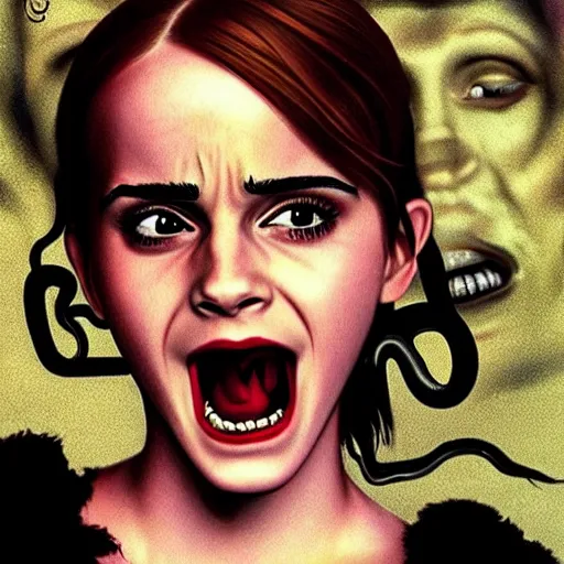 Image similar to emma watson screams in hunger and shows her long teeth, horror version. an unnatural abomination with long teeth, many tentacles, and gray skin. grunge, horror, dmt, dark and muted colors, detailed airbrush art, by yves klein