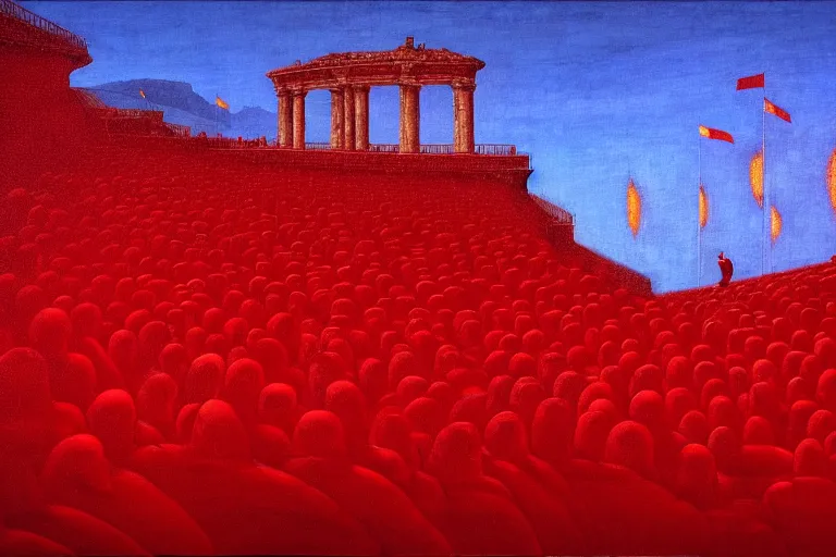 Image similar to only with red, a red great emperor, taormina amphitheatre, crowd with big smile, in the style of beksinski, parts by edward hopper, parts by rodcenko, parts by yue minjun, intricate and epic composition, red by caravaggio, insanely quality, highly detailed, masterpiece, red light, artstation, 4 k