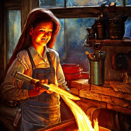 Image similar to the blacksmits’ daughter working in the forge, a smile at her face, dramatic light, fire, fantasy art in the style of Lilia Alvarado,