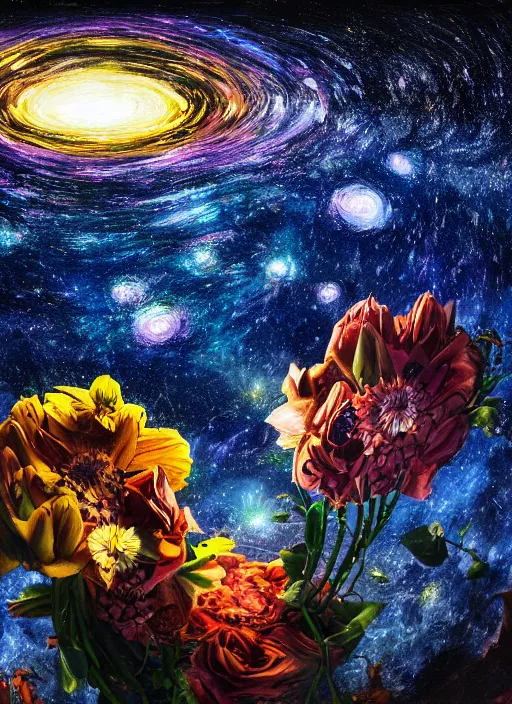 Image similar to An epic fantastic realism comic book style painting of the most beautiful entwined flowers launched across the dark and starry night sky, nebulous bouquets, fisheye lens, unreal 5, DAZ, hyperrealistic, octane render, dynamic lighting