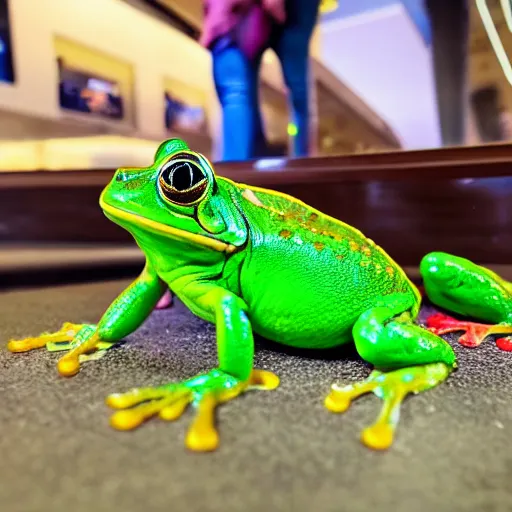 Image similar to photo of dead green frog on a floor of a shopping mall, people shocked, high details