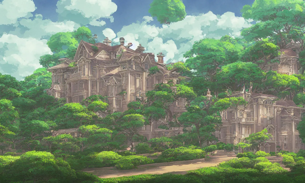 Image similar to a beautiful digital painting of a mansion in the serene landscape by Studio Ghibli