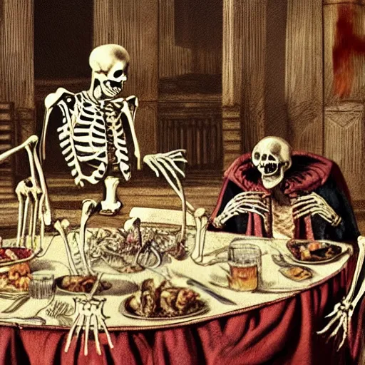 Image similar to a bloody skeleton man is eating a plate of rats at a banquet inside a Victorian castle super detailed uhd ultra realism 35mm