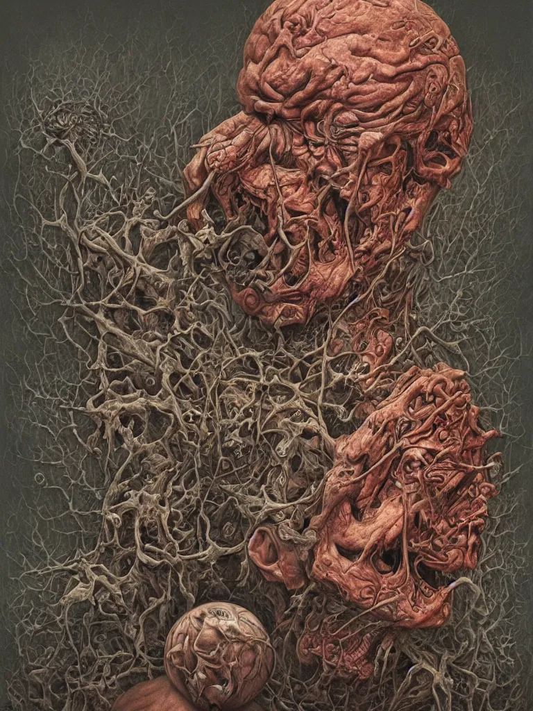 Image similar to a portrait of donald trump as a tumor by dan seagrave, wayne barlowe and zdzisław beksinski, front and center, intricate detail, surrealist, macabre, dark, horror, pain, suffering, death