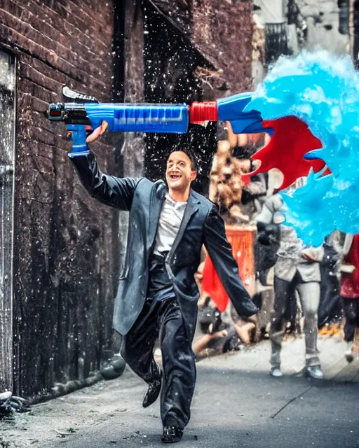 Image similar to happy batman firing super soaker water gun at playful criminals in an alleyway, everyone having fun, product advertisement, photography