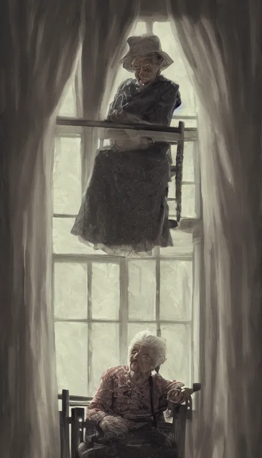 Image similar to portrait of an old lady in a rocking chair looking out of the window at the moon. old house. hyperdetailed, artstation, cgsociety, 8 k