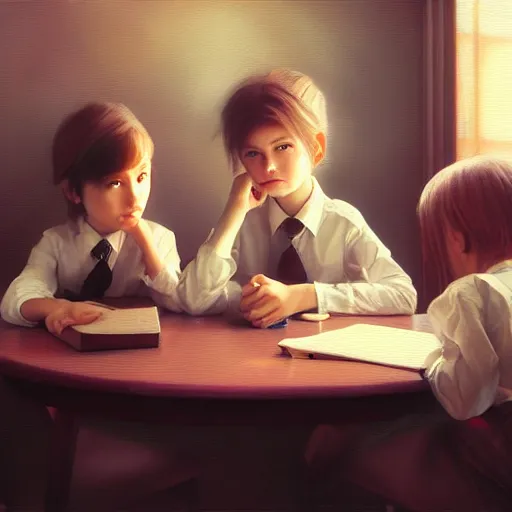 Prompt: expressive oil painting, of four! children sitting around table, seductive look, smirking, smooth school uniform, seriuus look, made from beads, glamour shot, by yoshitaka amano, by greg rutkowski, digital art, octane render, artstation, grunge aesthetic