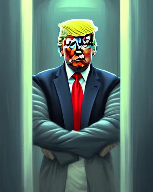 Prompt: digital art, fantasy portrait of a donald trump in a prison cell, by james jean, by ross tran, ultra detailed, character design, concept art, trending on artstation,