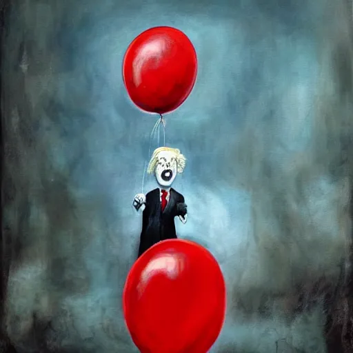 Image similar to grunge painting of donald trump with a wide smile and a red balloon by chris leib, loony toons style, pennywise style, corpse bride style, horror theme, detailed, elegant, intricate