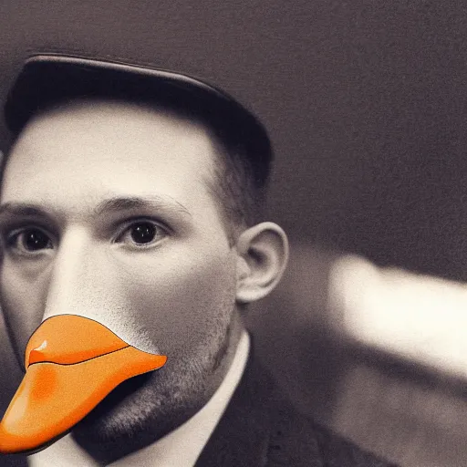 Image similar to a high detail photo of a man with a duck's head wearing a suit, antropomorphic, photorealism