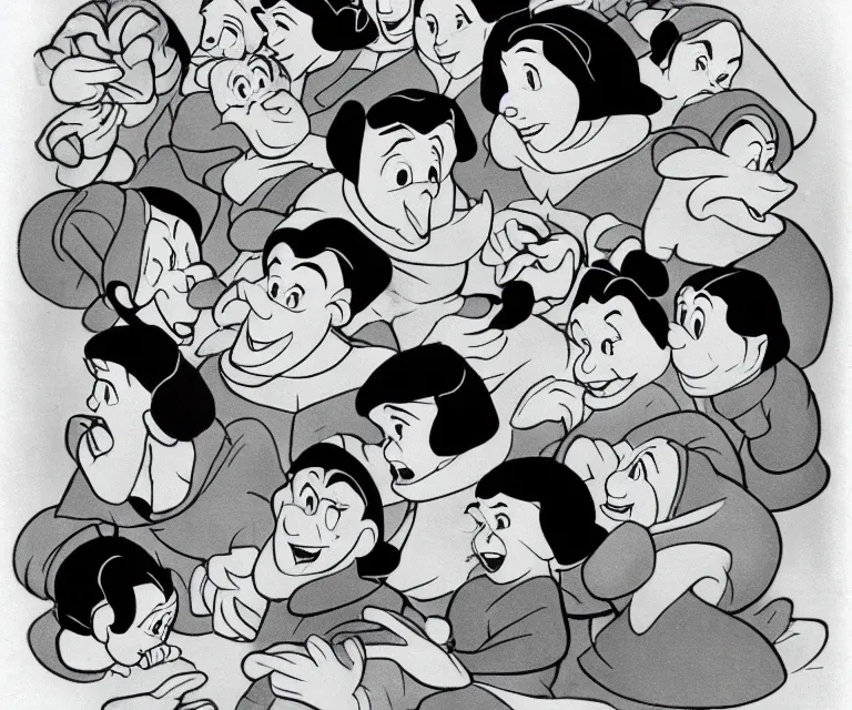 Image similar to snow white and the seven dwarves, disney, drawing, animation