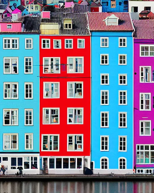 Image similar to colorful row houses, crowded, mountain goats climbing all over, on a highrise vertical buildings, bergen norway, rule of thirds, by Felipe Pantone, Wes Anderson and Damien Hirst