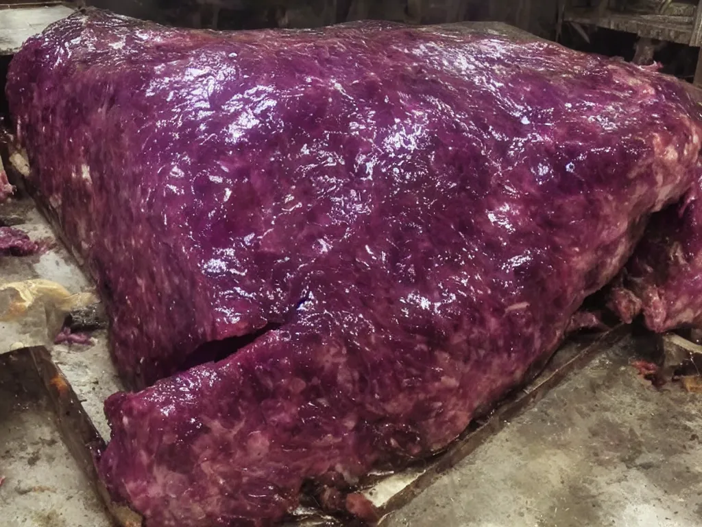 Image similar to shiny purple slab of meat being eaten by flies, warehouse, slaughterhouse, nightmare, horror,