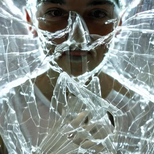 Prompt: photo of a person made of glass starting to shatter