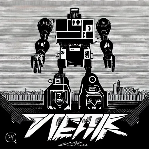 Image similar to Mcbess designed cyberpunk aesthetic TOOL album cover art of a giant mech warrior