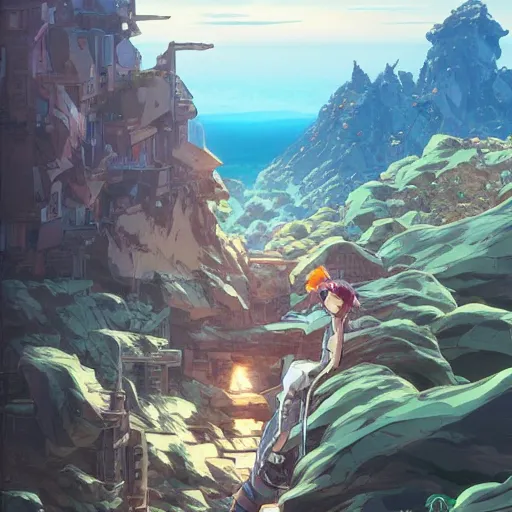 Prompt: steve - o, anime, castle core, mountains, rocky roads. by hayao miyazaki and rossdraws and artgerm and greg rutkowski and alphonse mucha and studio ghibli and ilya kuvshinov. high quality, stunning, intricate detailed environment. 8 k