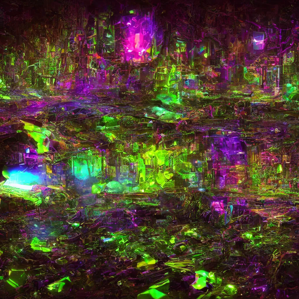 Image similar to bioremediation cyberpunk prism at night, bioluminescent, iridescent aura