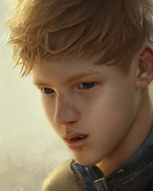 Image similar to portrait of 1 5 - year - old boy with blonde hair, round - face, and slightly buck - toothed, hyper realistic face, beautiful eyes, fantasy art, in the style of greg rutkowski, intricate, hyper detailed, smooth