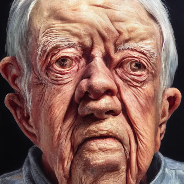 Image similar to hyperrealistic close up studio portrait of aging old Jimmy Carter age 103 wrinkled sorrowful, oil painting by Ivan Albright and Lucian Freud and Ron Mueck, trending on artstation Studio lighting hyperrealism