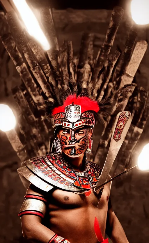 Prompt: Aztec warrior's, editorial photograph, dark lighting, glowing screens, indoor Pizza Hut