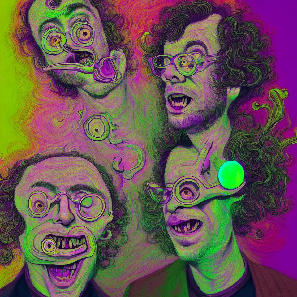 Prompt: happy and funny psychedelic best friends todd solondz tripping on lsd, laughing, diffuse lighting, fantasy, intricate, elegant, highly detailed, lifelike, photorealistic, digital painting, artstation, illustration, concept art, smooth, sharp focus, art by francis bacon