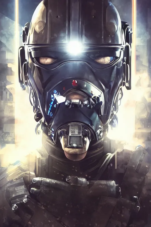 Image similar to cyber cyborg ninja mask helmet metal gear solid artic suit swat commando, global illumination ray tracing hdr fanart arstation by sung choi and eric pfeiffer and gabriel garza and casper konefal, a spectacular view cinematic rays of sunlight comic book illustration, by john kirby