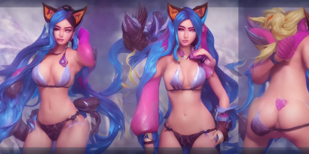 Prompt: beautiful character sheet render of pool party Ahri (wild rift). 3d, octane render, realistic, highly detailed, trending on artstation