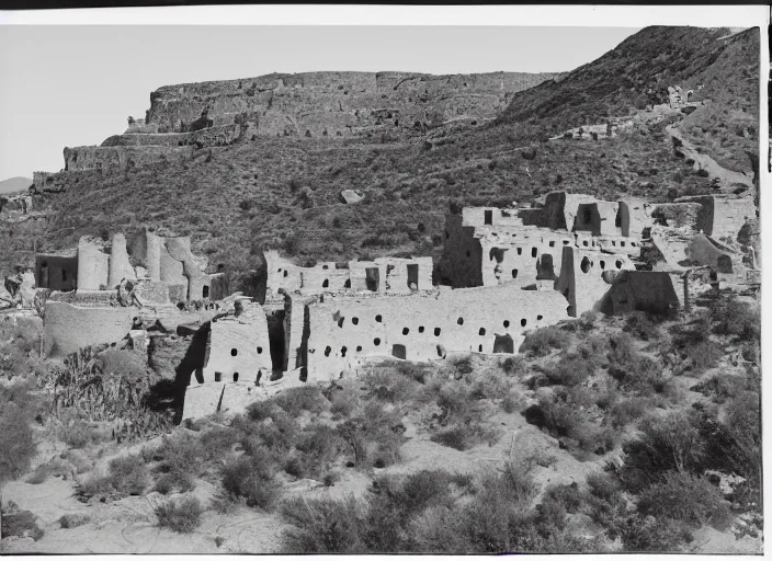 Prompt: Photograph of sprawling cliffside pueblo ruins, showing terraced gardens and narrow stairs in lush desert vegetation in the foreground, albumen silver print, Smithsonian American Art Museum