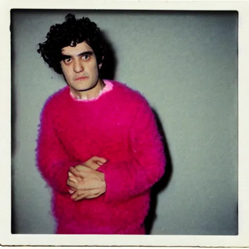 Image similar to oscar isaak in pink fluffy sweater, 7 0 - s, polaroid photo, by warhol,