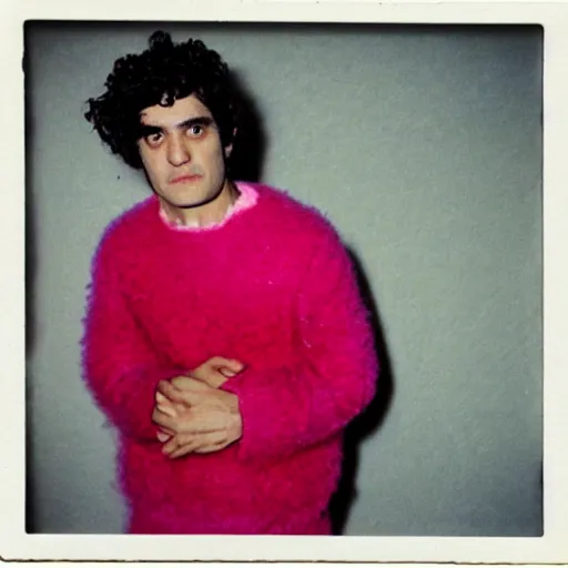 Prompt: oscar isaak in pink fluffy sweater, 7 0 - s, polaroid photo, by warhol,