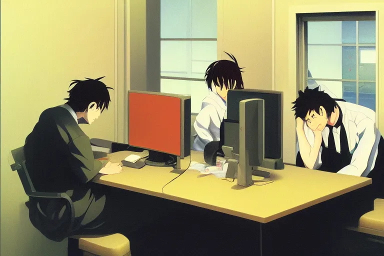 Image similar to anime key visual of three workers sitting in an office cubicle on the computer, style of jamie wyeth james gilleard edward hopper greg rutkowski acrylic painting, preserved museum piece, historical