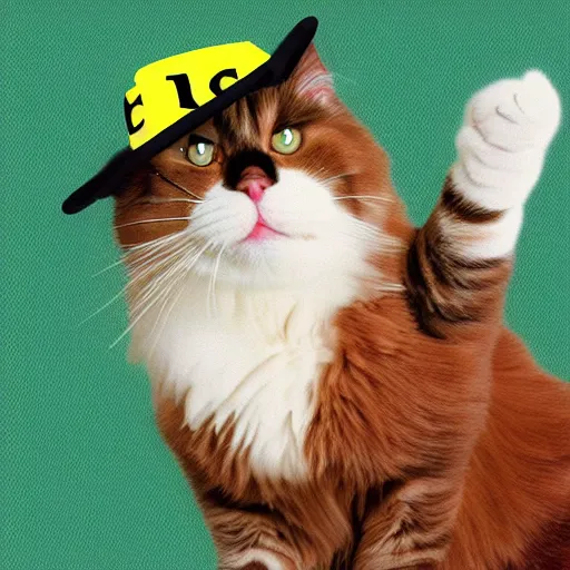 Image similar to ragdoll cat standing on its hind legs, wearing a tuxedo and a baseball hat digital art