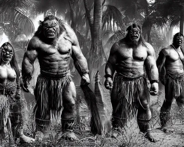 Image similar to hyper realistic group vintage photograph of a live action warcraft orc warrior tribe in the jungle, tall, hulk like physique, detailed faces, tribal paint, tribal armor, grain, old, monochrome, sepia toned, realistic lighting, wide angle