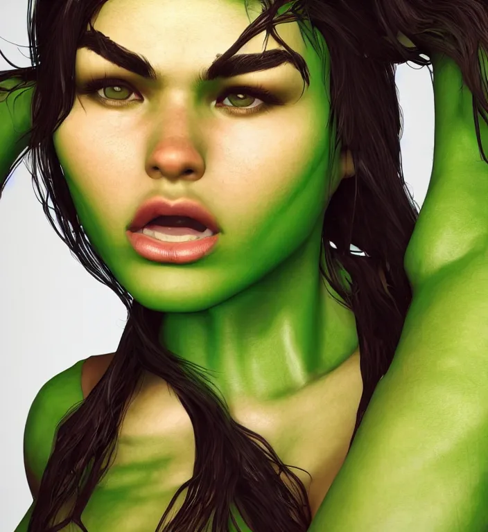 Image similar to madison beer as shehulk, au naturel, hyper detailed, digital art, trending in artstation, cinematic lighting, studio quality, smooth render, unreal engine 5 rendered, octane rendered