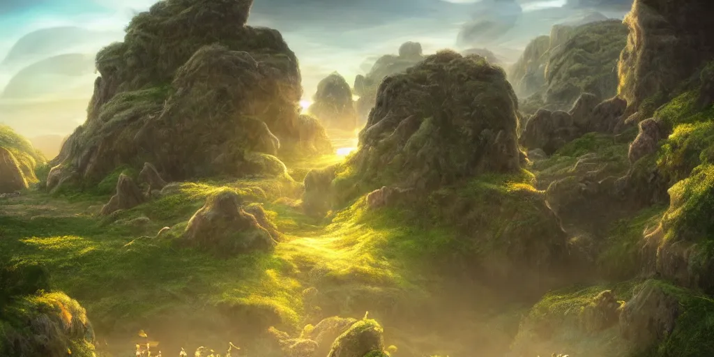 Image similar to lush and beautiful concept art for the shire, floating rocks in the air, stone city, arabian castles, sand, golden sun, planets, lord of the rings, peter jackson, studio ghibli, detailed, realistic lighting, volumetric lighting, golden hour,