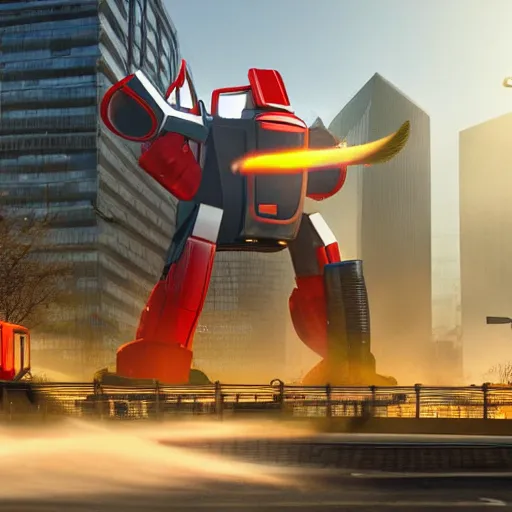 Image similar to a giant vacuum cleaner mech attacks a city