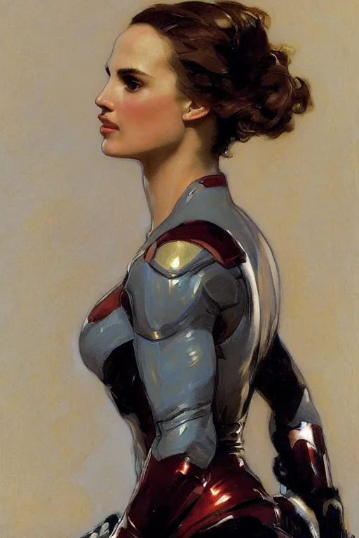 Image similar to elegant portrait of natalie portman as iron man by greg manchess, mucha, william adolphe bouguereau, john singer sargent, sorolla, winslow homer, dean cornwell